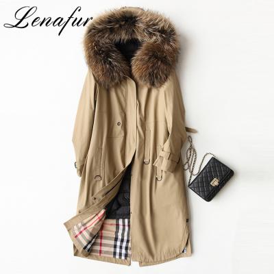 China Real Soft Brown Raccoon Fur Collar Coat 90% Down Feather Filling Genuine Cow Leather Fur Parkas Coat for sale