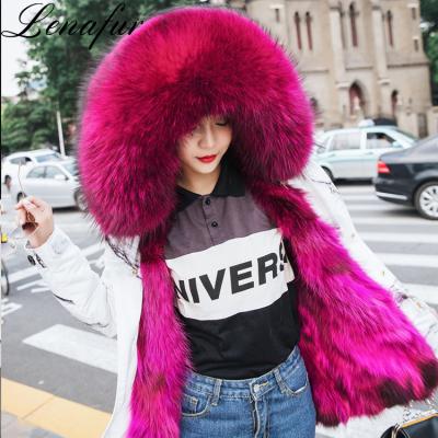 China Anti-shrink Chinese ink style women painting jacket with fur, 9 colors medium real raccoon fur hooded parka, fur jacket parka for women for sale