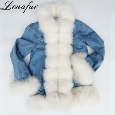 China Women Anti Shrink Warm Denim Cowboy Jeans Style Light Weight Real Fox Fur Parka for sale