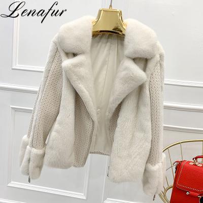 China Luxury Short Design Wool Blend Mink Fur Bomber Jacket Patchwork Italy Style Women Winter Anti-Shrink Real Knit Coat Jacket for sale