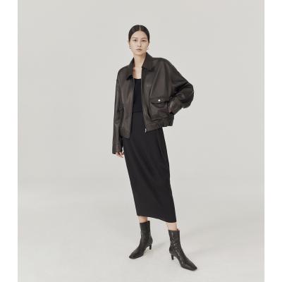 China Sheepskin imported from Europe high-end delicate drop shoulder silhouette short pilot jacket slightly leather for sale