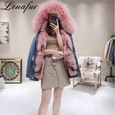 China Women Anti-Shrink Short Jeans Style Real Fur Jacket Raccoon Fur Collar Fox Fur Parka In Winter for sale