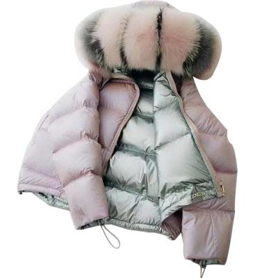 China Women's Viable Metal Winter Shiny Reversible Double Face Wearing 90% White Duck Down Padded Real Fox Fur Collar Down Jackets Coat for sale