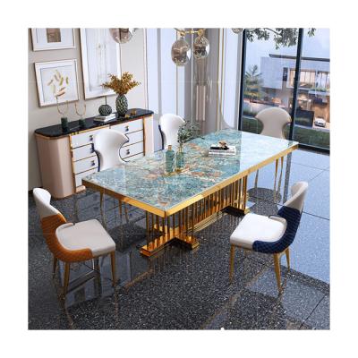 China Large Stone Slab Stainless Steel Legs Full Size Modern Rectangular Chipboard Gold Dining Tables for sale