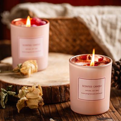 China Birthdays Decoration 100% Soy Wax Aromatherapy Rose Candle Home Gift Set Glass Scented Candle for sale