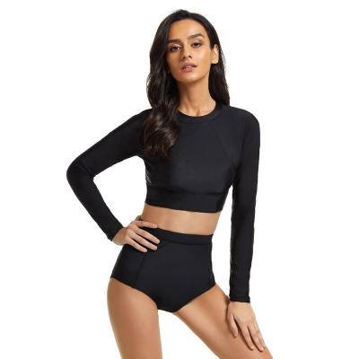 China Hot Saleval Long Sleeve Two Piece Crop Top Rash Guard Bikini Long Sleeve Swimwear For Women Black Wetsuits Waist Fitness Swimwear Tops for sale