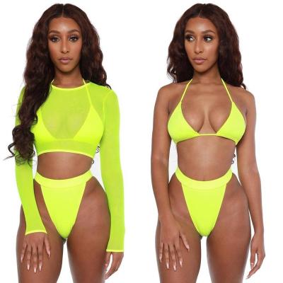 China Sexy Mesh Long Sleeve Cover Ups Summer Swimwear Top Crop Beach Wear Neon Yellow Warm Breathable Women Three Piece Swimsuit Bikini Set for sale