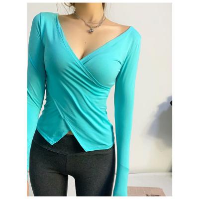 China 2021 spring summer new sexy cross v-neck women's breathable yoga workout clothes long sleeve sports women's T-shirt for sale