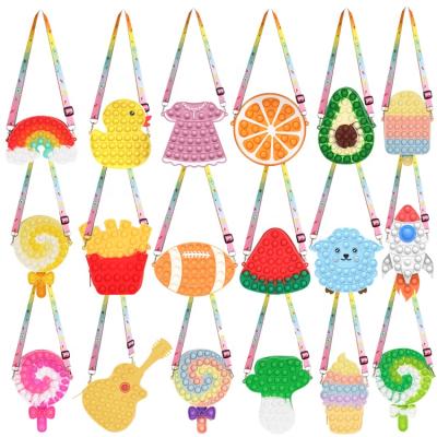 China Cute Rainbow Kids Silicone Cartoon Toddler Bag Stress Reliever Push Bubble Cartoon Sensory Shoulder Bags for sale