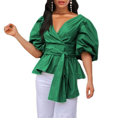 China Breathable V Neck Lantern Sleeve Pleated Tie With Ruffles Plus Size Women's Shirt Top Blouse for sale