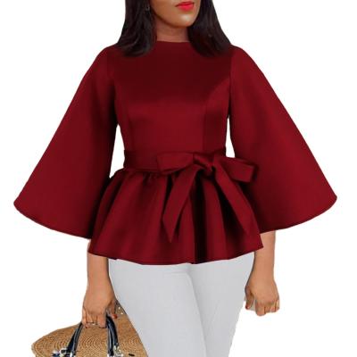 China Breathable Round Neck Flared Three Quarter Sleeves Plus Size Womens Shirt Tops Ruffles Blouse With Sashes for sale