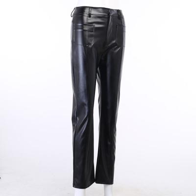 China Anti-Wrinkle Leather Pants Solid Color High Waist Straight Wide Leg Gaiters Slim Fit Vintage Streetwear Trousers for sale