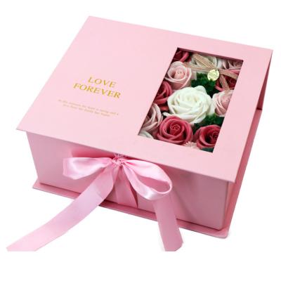 China Promotion pink color packaging box with ribbon notbow double storage space with window for sale