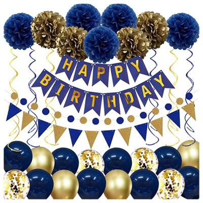 China Navy Blue LEMON Gold HAPPY BIRTHDAY Banner Tissue Paper Flowers Pennant Circle Dot String Confetti Balloons Arch Party Supplies for sale