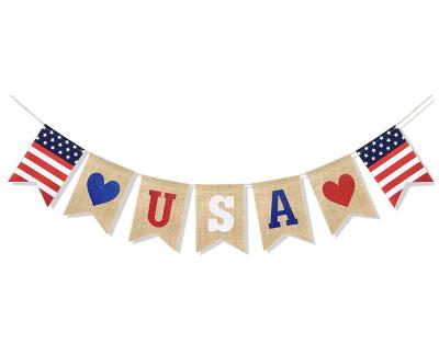 China USA Independence Day LEMON Banner Burlap Bunting Decorations American Independence Day Celebration White Red and Blue Theme Party Supplies for sale