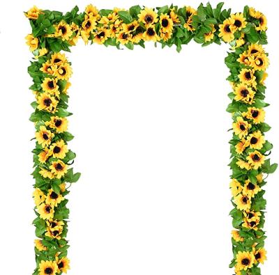 China Indoor Decoration LEMON Sunflower Artificial Garland Silk Sunflower Vine Flowers With Green Leaves Wedding Table Decor for sale