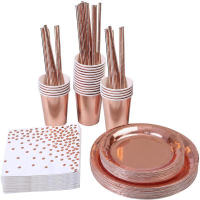 China LEMON Rose Gold Party Supplies Disposable Party Decorations Tableware Set Paper Plates Cups Napkins Straws Banner Serves 25 for sale