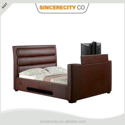 China Modern Bedroom Furntire , Luxury Modern Leather TV Bed With TV In Footboard for sale