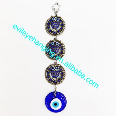 China Metal three antique imitation owls blue evil eye wall hanging decoration for mosaic amulet souvenir and gift for sale