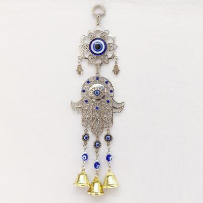 China Israeli Hand of Hanging Fatima Hamsa Wind Chime Wall Blue Evil Eye Amulet Alloy Souvenir Glass Ornaments for sale