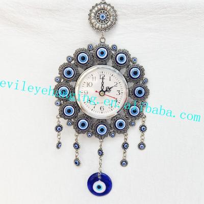 China Large Size Antique Sign Clock Flower Wall Hanging Decoration with Handcrafted Evil Eye Glass Bead for Metal Keepsake Home Decorative Clock for sale