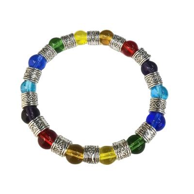 China Hot Selling Unisex Gem Stone Elastic Wrist Bands Durable Multicolor Crystal Bracelet Seven Chakra Alloy Bracelet for sale