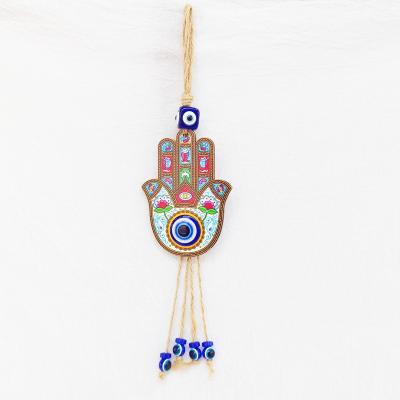 China Europe Wooden Hand of Fatima Ornament - Hamsa Amulet Wall Hanging with Evil Eye Hand Made Glass Home Decoration for sale