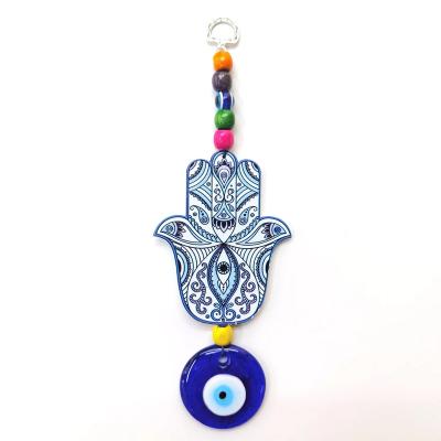 China Antique Imitation Wooden Hand of Fatima Hamsa Wall Hanging with Handcrafted Evil Eye Glass Home Decoration for sale