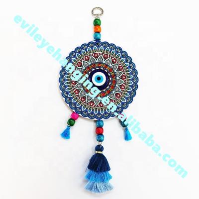 China Folk Art Evil Eye Wood Circle Amulet Multicolored Art Patterned Wall Hanging Blue Home Decoration for sale