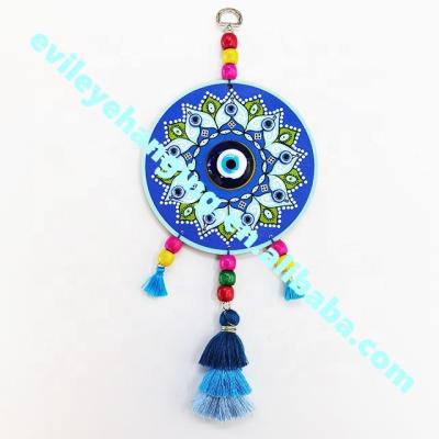 China Multicolor Evil Eye Home Decoration Patterned Wall Hanging Blue Folk Amulet Art Various Styles Wood Circle for sale