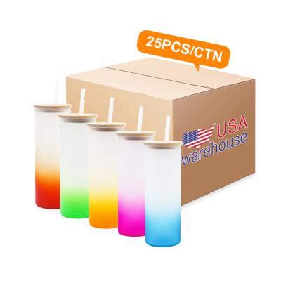 China American Style US Wholesale Custom Logo Sublimation Blanks 25oz Frosted Gradient Glass Sublimation Skinny With Bamboo Lids Tumblers for sale