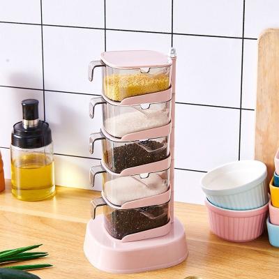 China Sustainable Hot Product Kitchen Accessories Seasoning Jar With Spoon 5 Layers Plastic Condiment Storage Jar Rotating Seasoning Box for sale