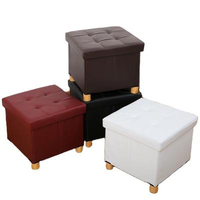 China Leather Foot Stool Faux Cube Storage Ottoman Foldable Foldable Comfortable Seat with Wooden Legs and Lid for sale