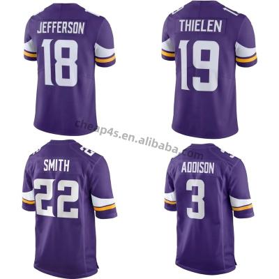 China Minnesota Viking American Football Jersey Wholesale QUICK DRY men's purple stitched football uniform #18 USA Jefferson #22 Smith for sale