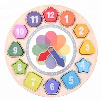 China Non-toxic and Safe Wooden Shape Matching Number Clock Puzzle Teaching Time Blocks Educational Toy for Kids for sale