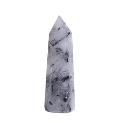 China Wholesale Europe Black Hair Natural Crystal Column Raw Stone Polished Hexagonal Prism Home Furniture for sale