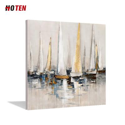 China Modern Pure Hand Painted Abstract Leaf Decoration Gold Seascape Oil Painting Porch Smooth Sailing Simple Boat for sale