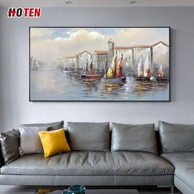 China Modern pure hand-painted living room oil painting wall hanging mural water city decorative version horizontal navigation for sale