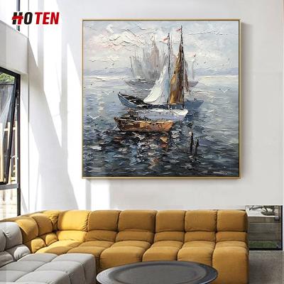 China Pure hand-painted luxury postmodern simple decorative wall painting Sailboat light oil painting abstract thick oil knife painting for sale