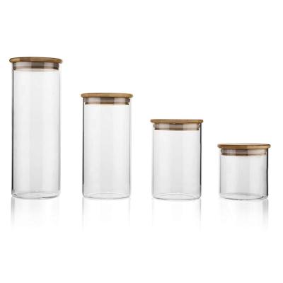 China Eco-friendly 400ml Food Storage Kitchen Custom Glass Canisters With Bamboo Cap For Candy Sugar 500ml for sale