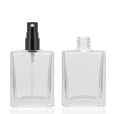 China 50ml Clear Flat Square Refillable Glass Perfume Spray Bottle Eco - Friendly With Aluminum Spray Pump Cap for sale