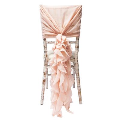 China Beautiful simple floral back polyester beautiful chiffon ribbon chair skirt decoration elastic werdding hotel dining banquet chair cover for sale