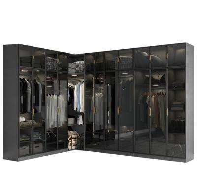 China Durable New Design Customized Wooden Bedroom Cabinet Black Glass Door Wardrobe for sale