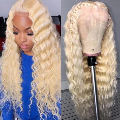 China 100% Sheer Human Hair 613 Lace Frontal Deep Wave Brazilian Mink Blonde Lace Wig Raw Virgin Cuticle Aligned Wave Front Wigs With Baby Hair for sale