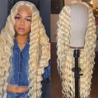 China CUTEHuman Deep Wave Hair Wigs Wholesale 613 Blonde Color 613 Brazilian Deep Wave Lace Closure Wig 100% Virgin Hair Wig For Black Women for sale