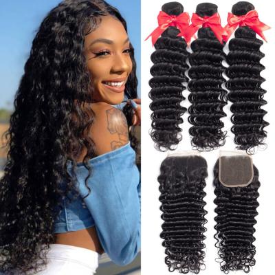 China Cheap Deep Wave Deep Wave Bundles With Closure LaceNatural Brazilian Hair Bundles , 1B Virgin Hair Bundles for sale