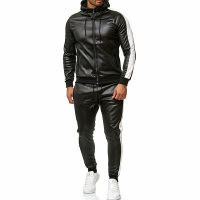 China 2021 autumn and winter new men's breathable leather patchwork clothes hooded patchwork PU leather sports suit for sale