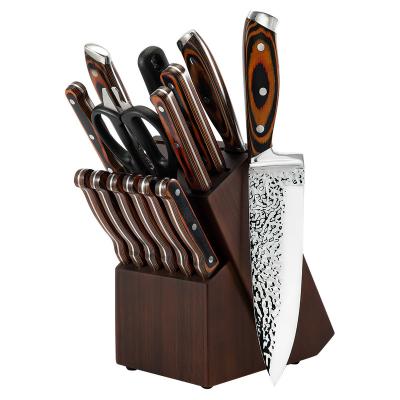 China 15 Pieces Viable Knife Set Steel Wooden Hammer Handle Color Knife Set Cleaver Finishing Knife Set Chef Forging Pattern for sale