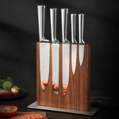 China Disposable 5 Pieces Kitchen Knife Set With Magnetic Walnut Block Stainless Steel Wooden Hollow Handle for sale