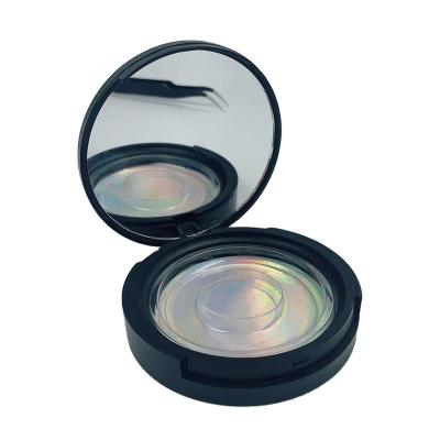 China Handmade Custom Black Circle Mirror Eyelash Box With Glitter Holographic Paper Round Lash Case Plastic Box for sale